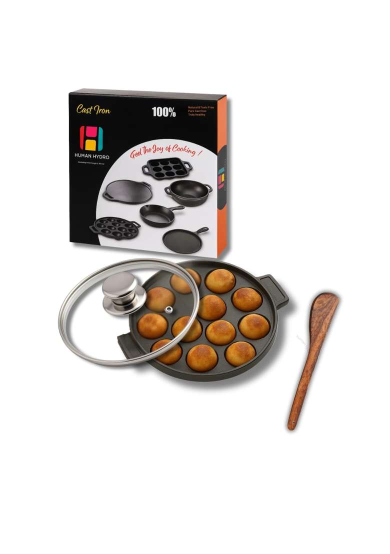 Human Hydro Pre-Seasoned Cast Iron Paniyaram Pan Ebelskiver-Style Pan | Induction Compatible | Non-Stick | With Lid - Indya