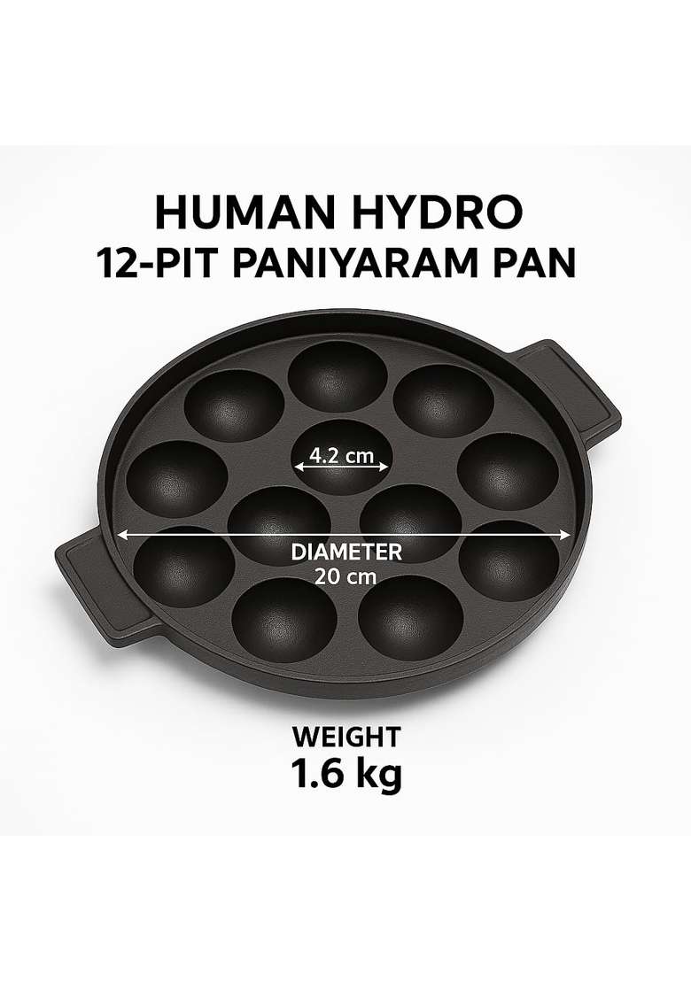 Human Hydro Pre-Seasoned Cast Iron Paniyaram Pan Ebelskiver-Style Pan | Induction Compatible | Non-Stick | With Lid - Indya