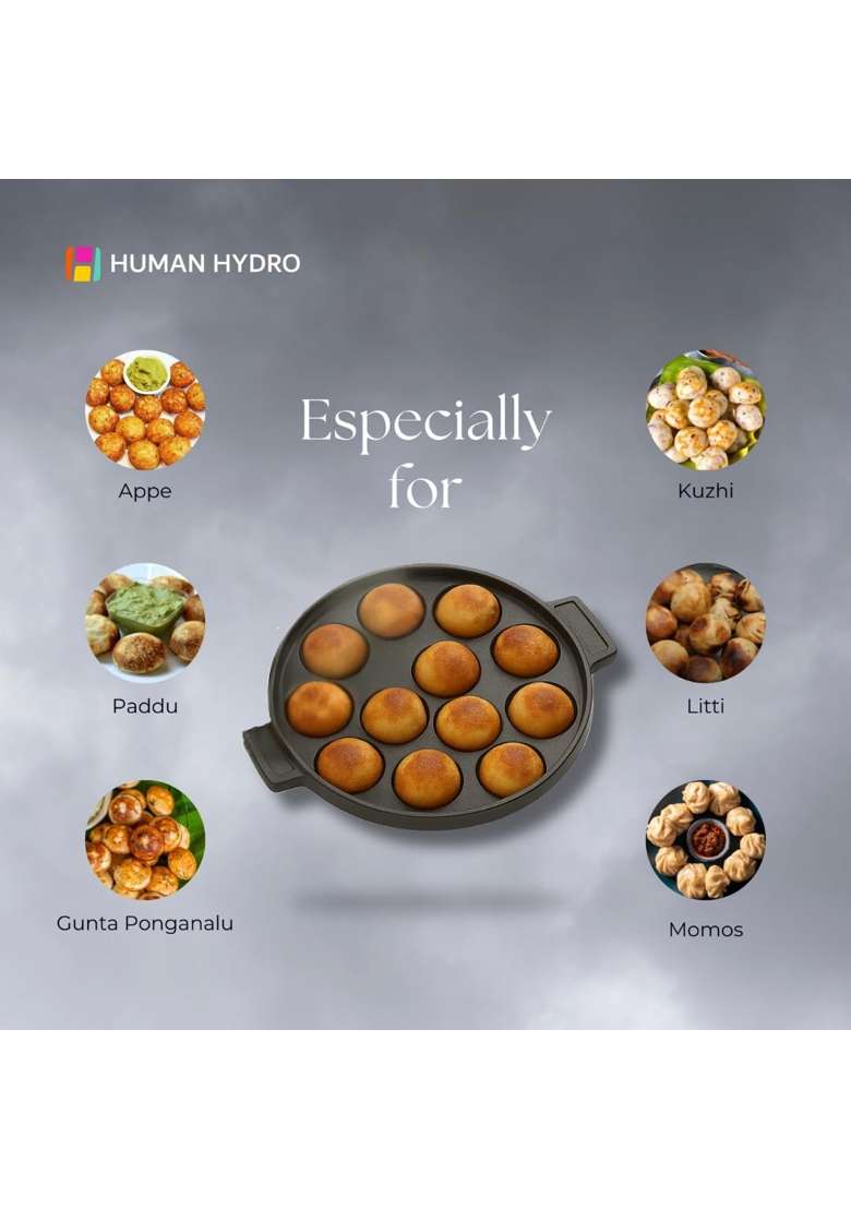 Human Hydro Pre-Seasoned Cast Iron Paniyaram Pan Ebelskiver-Style Pan | Induction Compatible | Non-Stick | With Lid - Indya