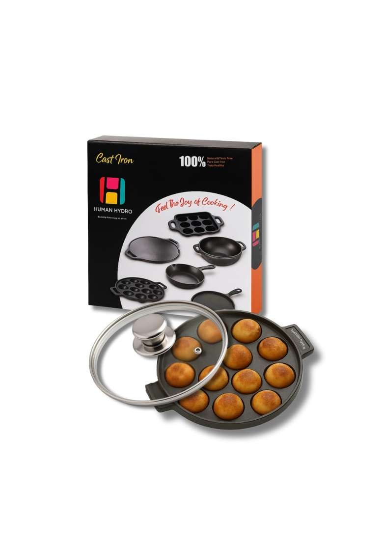 Human Hydro Cast Iron Paniyaram Pan Ebelskiver-Style Pan with Lid | 20 cm | 7.9 Inch | Induction Compatible | Non-Stick - Indya