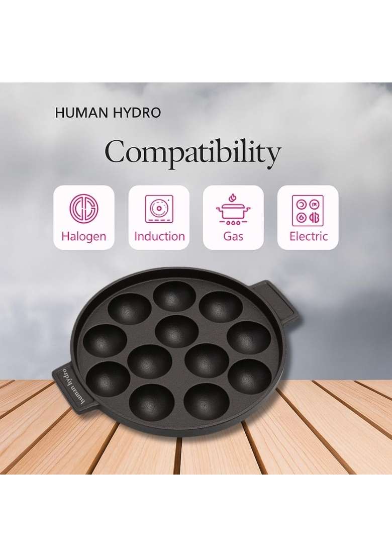 Human Hydro Cast Iron Paniyaram Pan Ebelskiver-Style Pan with Lid | 20 cm | 7.9 Inch | Induction Compatible | Non-Stick - Indya