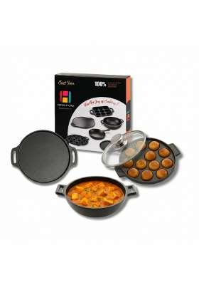 Human Hydro Cast Iron Cookware Combo | 30 cm | 11.8 Inch | Induction Compatible | Pre-Seasoned | Non-Stick | With Lid