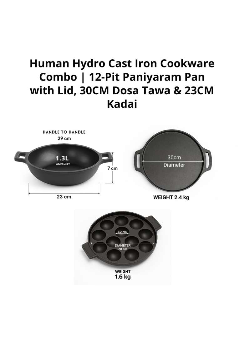 Human Hydro Cast Iron Cookware Combo | 30 cm | 11.8 Inch | Induction Compatible | Pre-Seasoned | Non-Stick | With Lid - Indya