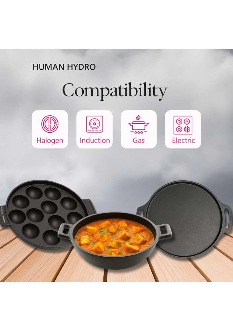 Human Hydro Cast Iron Cookware Combo | 30 cm | 11.8 Inch | Induction Compatible | Pre-Seasoned | Non-Stick | With Lid - Indya