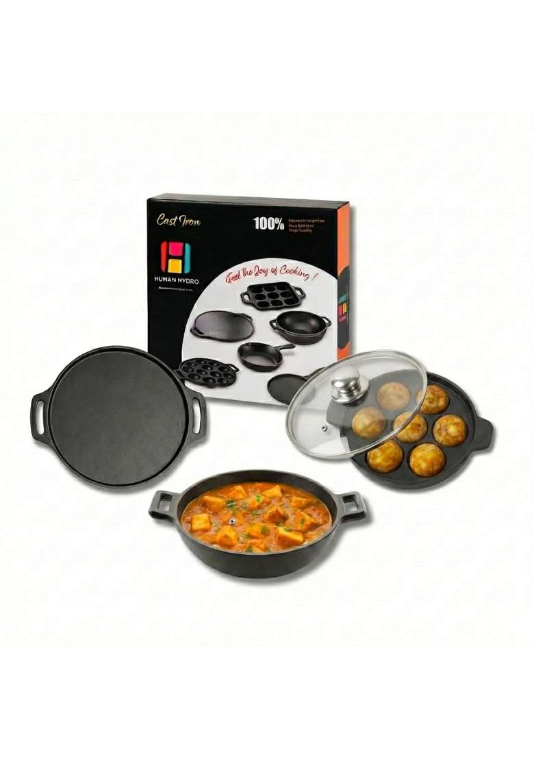 Human Hydro Cast Iron Cookware Combo | 30 cm | 11.8 Inch | Induction Compatible | Pre-Seasoned | Non-Stick | With Lid - Indya