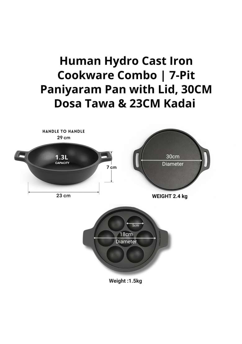 Human Hydro Cast Iron Cookware Combo | 30 cm | 11.8 Inch | Induction Compatible | Pre-Seasoned | Non-Stick | With Lid - Indya