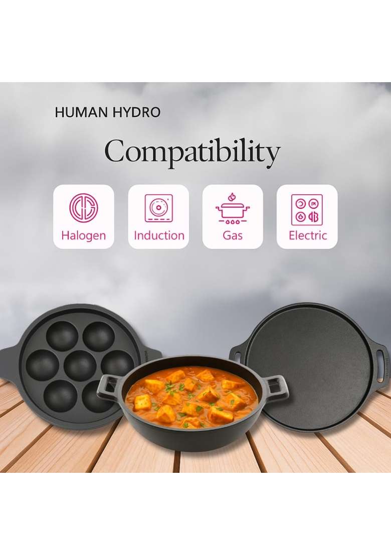 Human Hydro Cast Iron Cookware Combo | 30 cm | 11.8 Inch | Induction Compatible | Pre-Seasoned | Non-Stick | With Lid - Indya