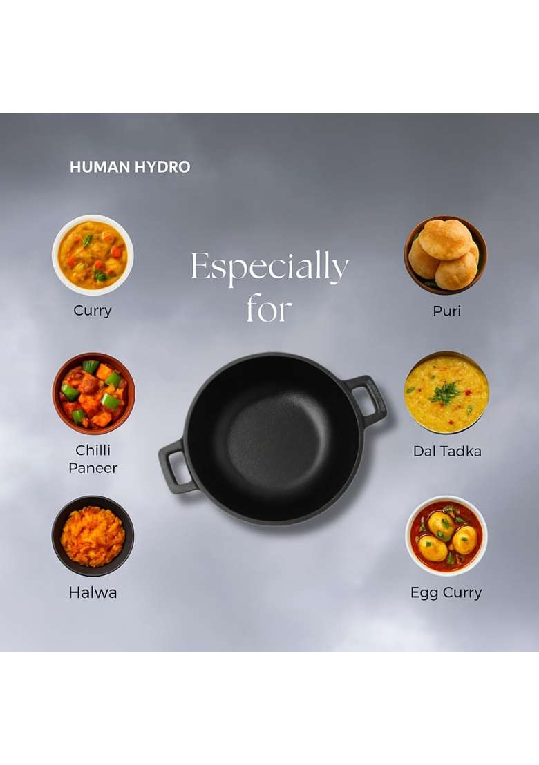 Human Hydro Cast Iron Cookware Combo | 30 cm | 11.8 Inch | Induction Compatible | Pre-Seasoned | Non-Stick | With Lid - Indya