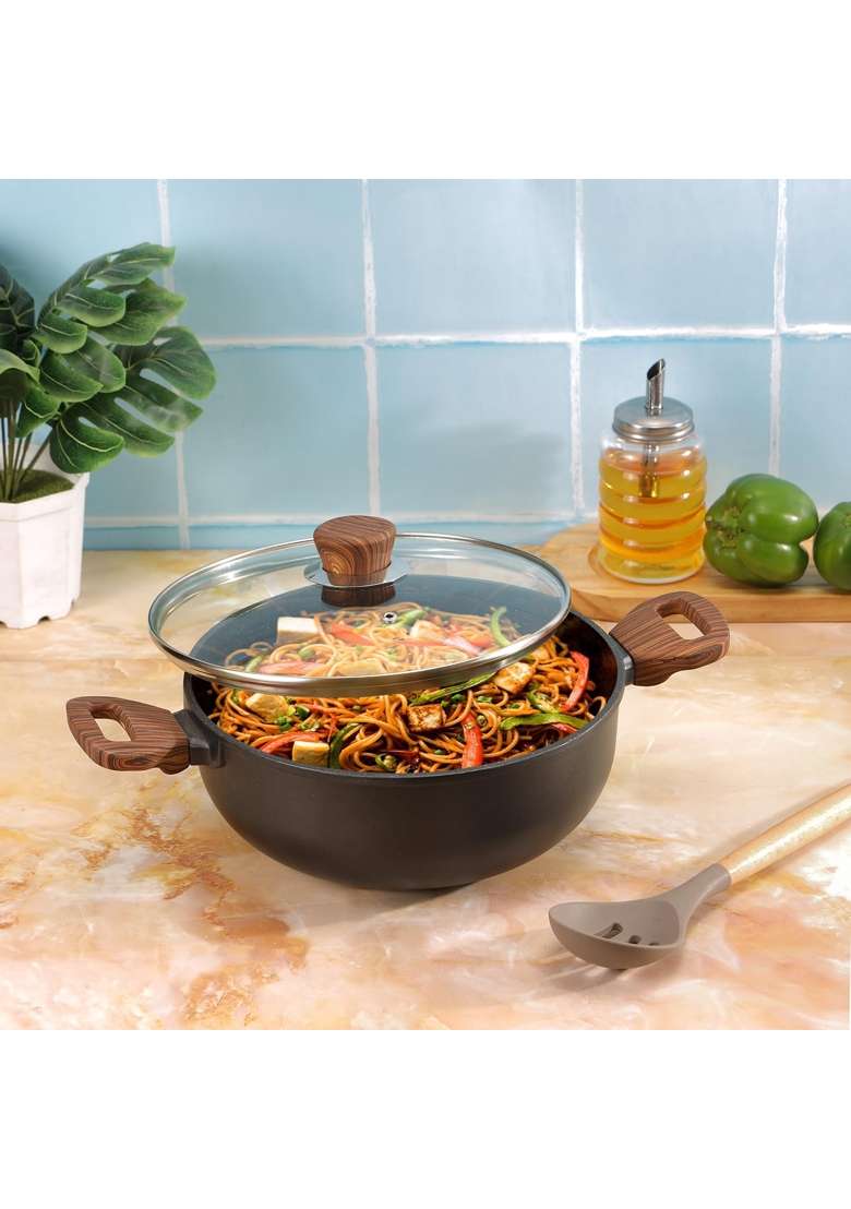 Vinod Zest Plus Die Cast Aluminium Kadhai Wok with Glass Lid | 4 L | 4.2 Qt | 24 cm | 9.4 Inch | Induction Compatible - Indya