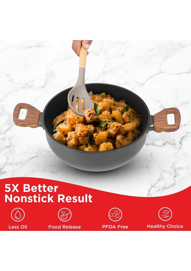 Vinod Zest Plus Die Cast Aluminium Non-Stick Kadai Wok with Lid | 4 L | 4.2 Qt | 26 cm | 10.2 Inch | Induction Compatible | PFOA Free - Indya