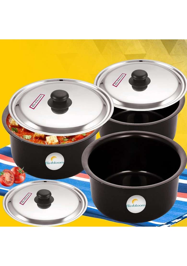 FLIXBLOOM Galactic Black Hard Anodised Thick Combo Set | 2 L | 2.1 Qt | 3-Piece Set | Induction Compatible | With Lid - Indya
