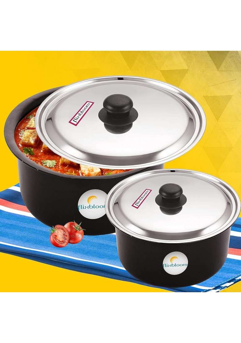 FLIXBLOOM Galactic Black Hard Anodised Thick Combo Utensils | 1 L | 1.1 Qt | Induction Compatible | With Lid - Indya