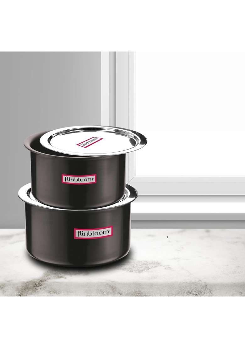 FLIXBLOOM Regal Black Combo Tope Cooking Pot with Lid | 2 L | 2.1 Qt | 2-Piece Set | Induction Compatible - Indya