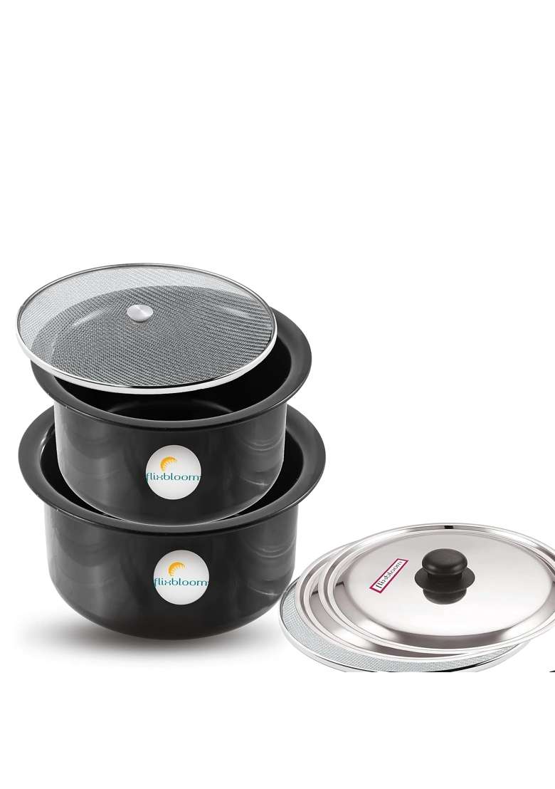 FLIXBLOOM Black Hard Anodised Thick Combo Set | 3 L | 3.2 Qt | Induction Compatible | With Lid - Indya