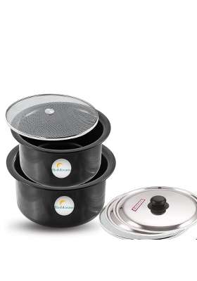 FLIXBLOOM Cosmos Black Hard Anodised Thick Combo | 1 L | 1.1 Qt | Induction Compatible | With Lid
