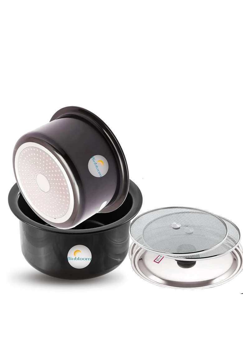 FLIXBLOOM Cosmos Black Hard Anodised Thick Combo | 1 L | 1.1 Qt | Induction Compatible | With Lid - Indya