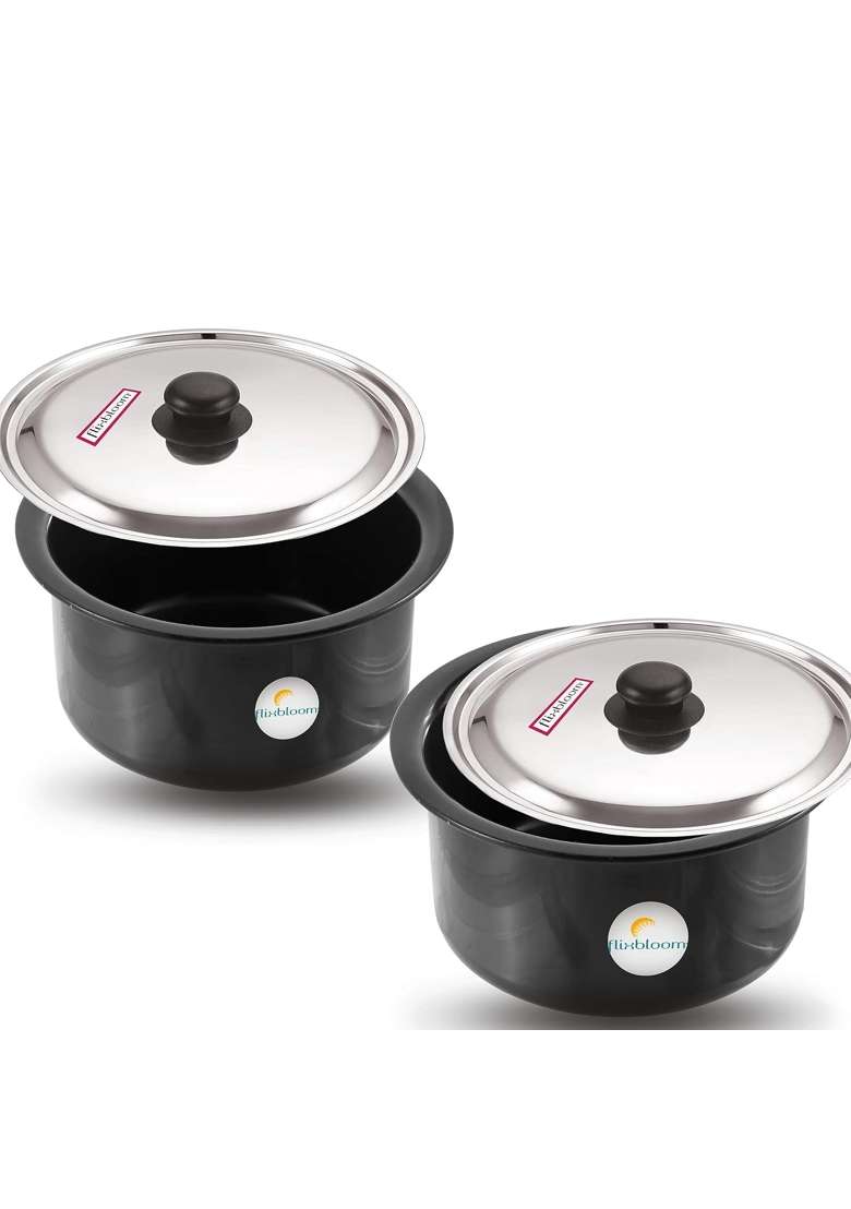 FLIXBLOOM Cosmos Black Hard Anodised Thick Combo | 1 L | 1.1 Qt | Induction Compatible | With Lid - Indya