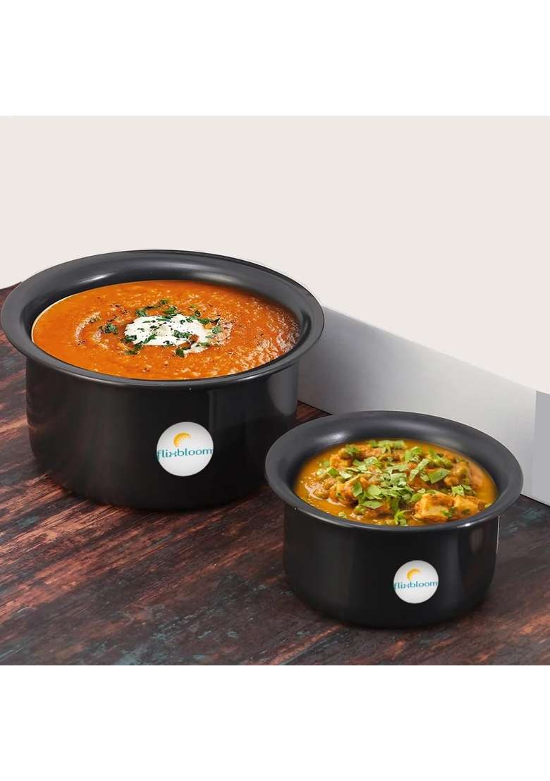 FLIXBLOOM Cosmos Black Hard Anodised Thick Combo Utensils Pack | 2 L | 2.1 Qt | Induction Compatible | With Lid - Indya