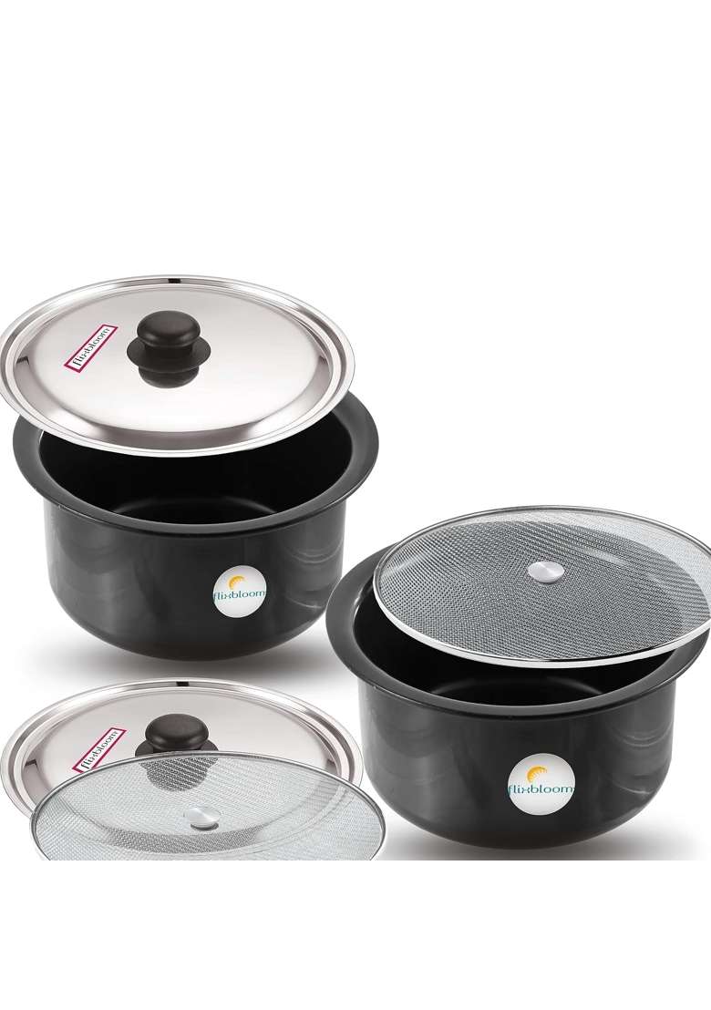 FLIXBLOOM Cosmos Black Hard Anodised Thick Combo Tope Cooking Pot Patila Bhagona Handi Tapila Tapeli | 1 L | 1.1 Qt | Induction Compatible - Indya