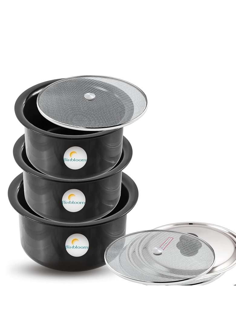 FLIXBLOOM Cosmos Black Hard Anodised Thick Combo Utensils Cooking | 1 L | 1.1 Qt | Induction Compatible | With Lid - Indya