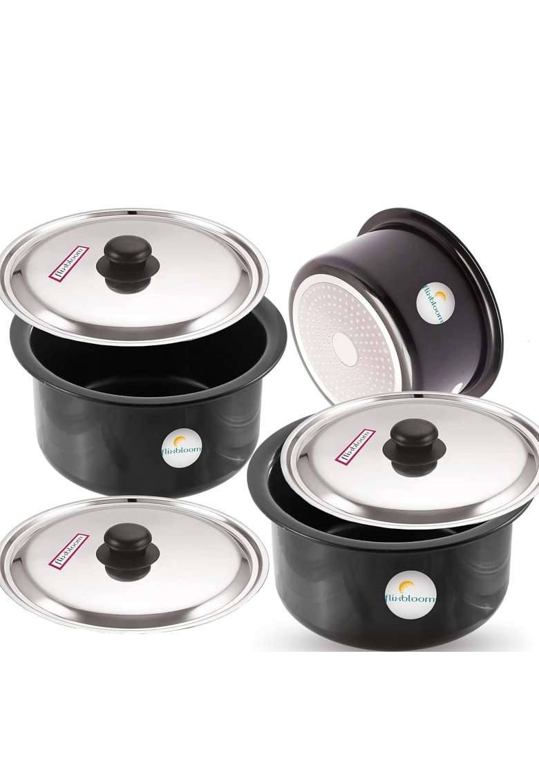 FLIXBLOOM Cosmos Black Hard Anodised Thick Combo Utensils Cooking | 1 L | 1.1 Qt | Induction Compatible | With Lid - Indya