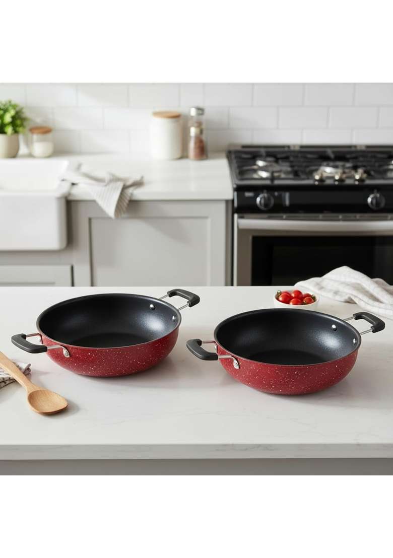 LAZYwindow Nonstick Kadhai Wok | 3 L | 3.2 Qt | 26 cm | 10.2 Inch | Pack of 2 - Indya