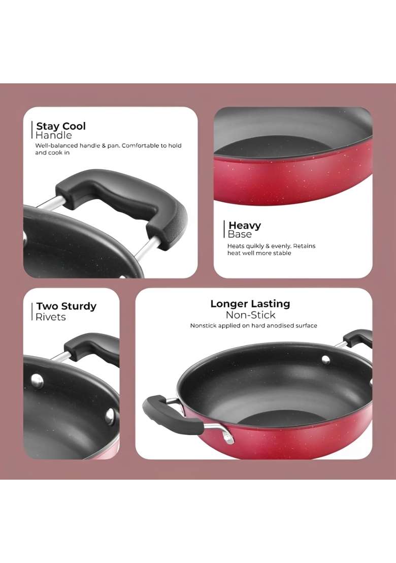 LAZYwindow Nonstick Kadhai Wok | 3 L | 3.2 Qt | 26 cm | 10.2 Inch | Pack of 2 - Indya