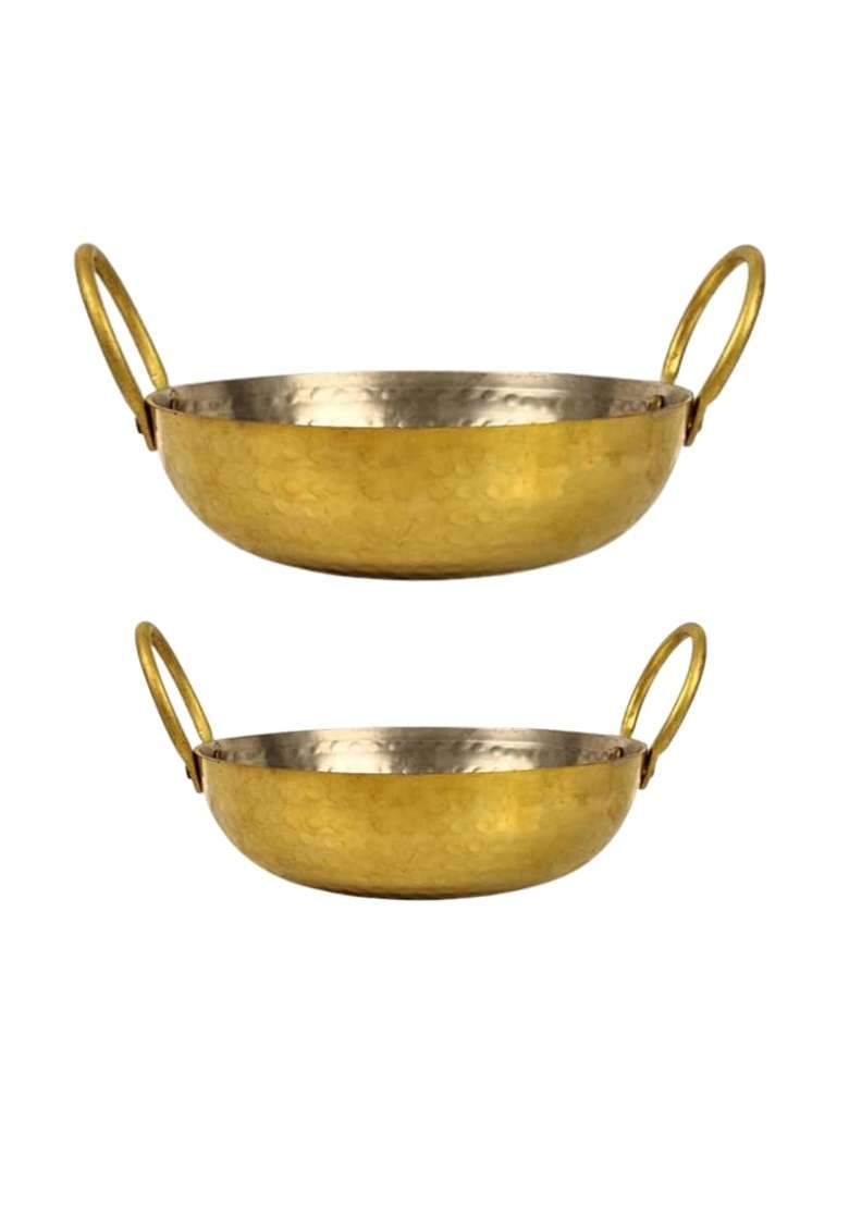 THE HEALING STORE Brass Kadhai Wok with Insulated Heat-Resistant Handle and Pital Lid | 2-Piece Set | Non-Toxic | Tin Lined Kalai | Non-Stick - Indya