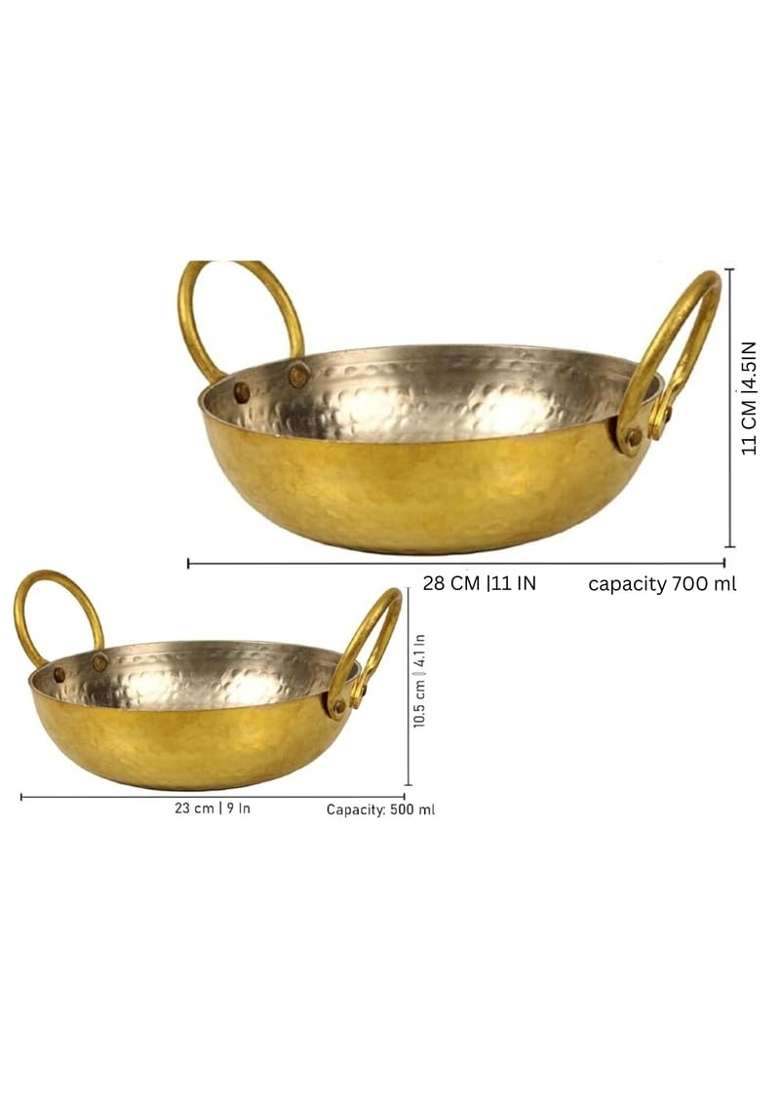 THE HEALING STORE Brass Kadhai Wok with Insulated Heat-Resistant Handle and Pital Lid | 2-Piece Set | Non-Toxic | Tin Lined Kalai | Non-Stick - Indya