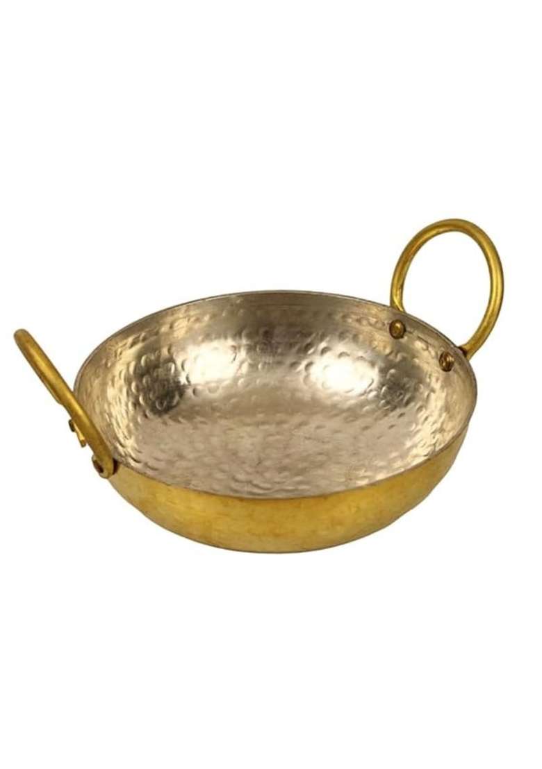 THE HEALING STORE Brass Kadhai Wok with Insulated Heat-Resistant Handle and Pital Lid | 3 L | 3.2 Qt | Non-Toxic | Tin Lined Kalai | Non-Stick - Indya