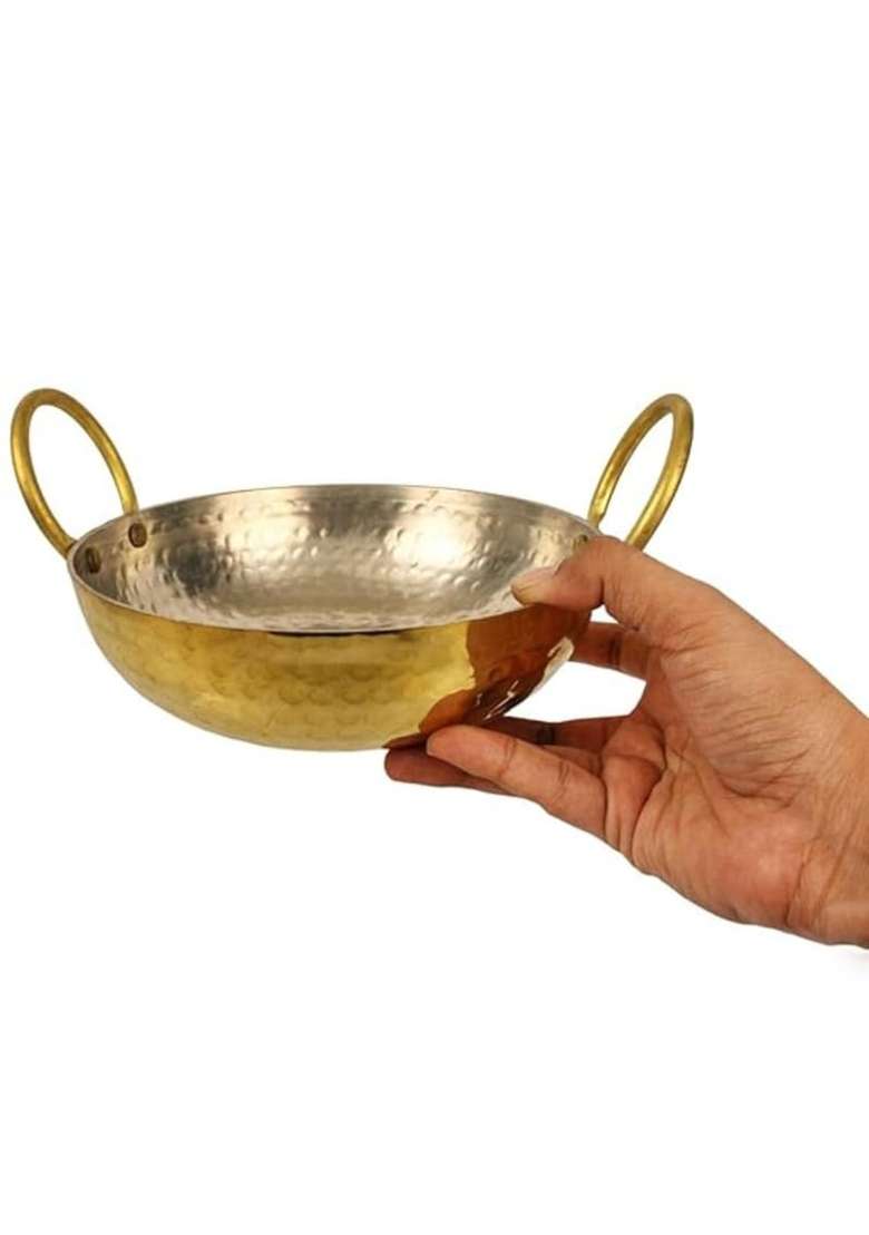 THE HEALING STORE Brass Kadhai Wok with Insulated Heat-Resistant Handle and Pital Lid | 3 L | 3.2 Qt | Non-Toxic | Tin Lined Kalai | Non-Stick - Indya