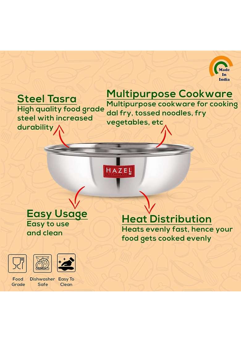 HAZEL Stainless Steel Kadai Wok Without Handle | 1 L | 1.1 Qt - Indya