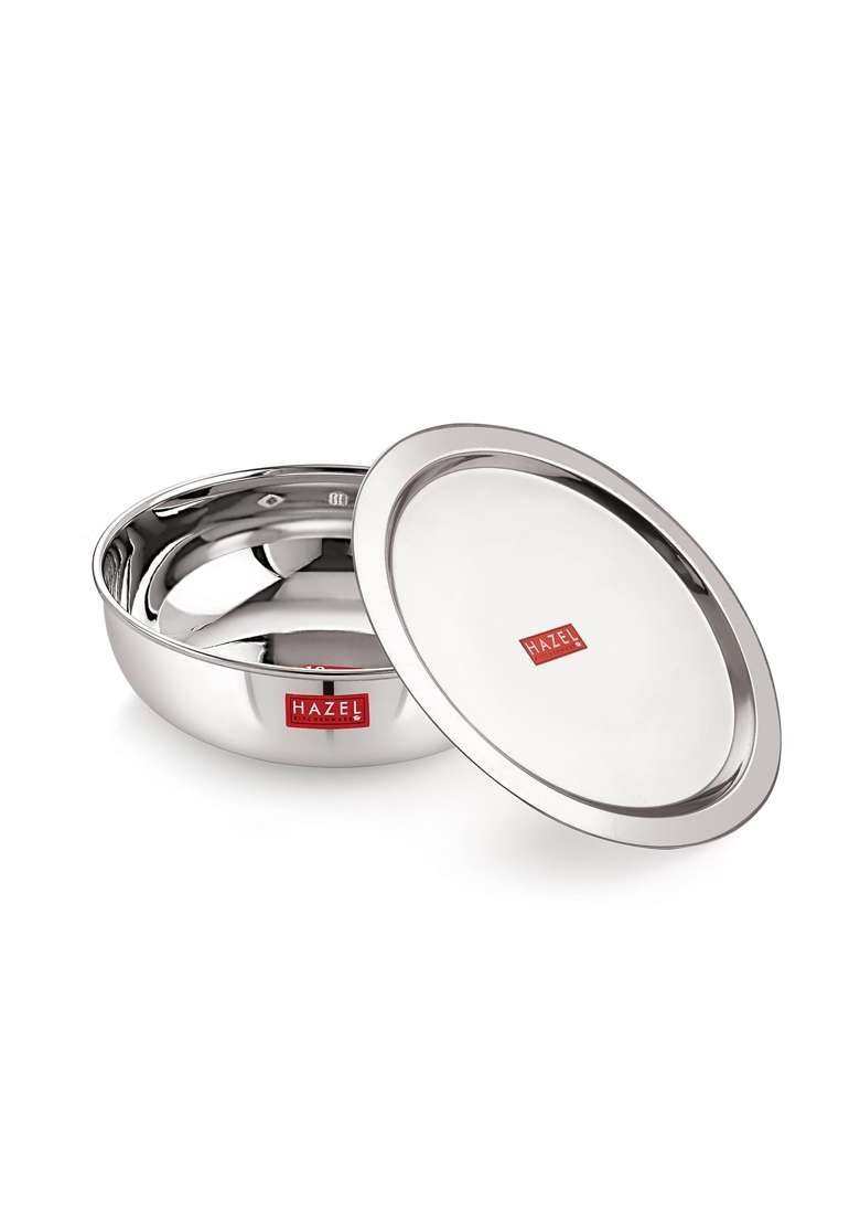 HAZEL 18 Gauge Premium Stainless Steel Tasra Kadhai Wok with Lid | 1 L | 1.1 Qt - Indya