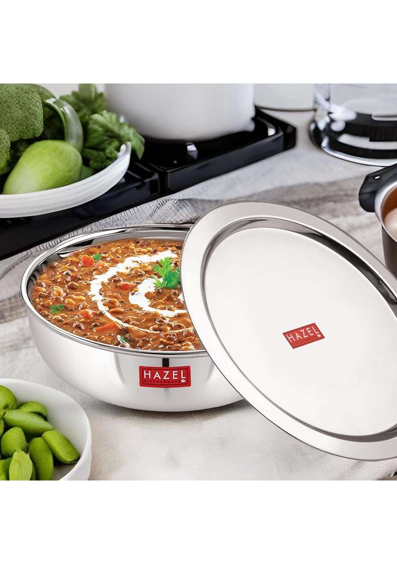 HAZEL 18 Gauge Premium Stainless Steel Tasra Kadhai Wok with Lid | 1 L | 1.1 Qt - Indya