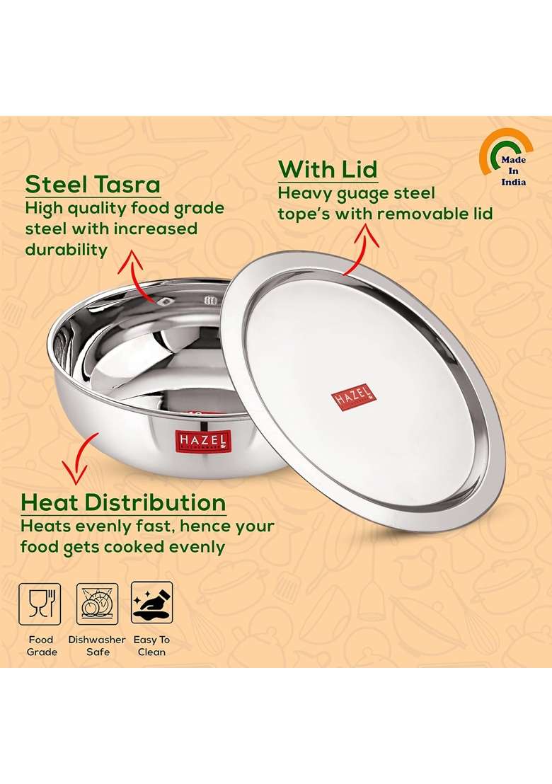 HAZEL 18 Gauge Premium Stainless Steel Tasra Kadhai Wok with Lid | 1 L | 1.1 Qt - Indya