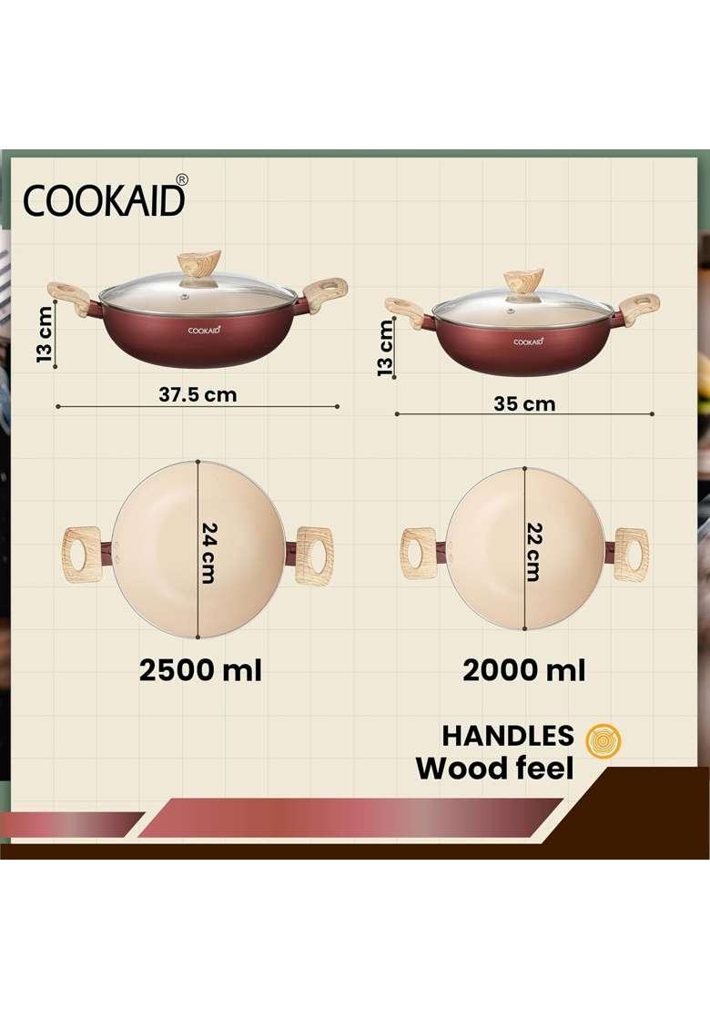 Cookaid Kadhai with Glass Lid | 2.5 L | 2.6 Qt | 24 cm | 9.4 Inch | 2-Piece Set | Induction Compatible | Non-Stick - Indya