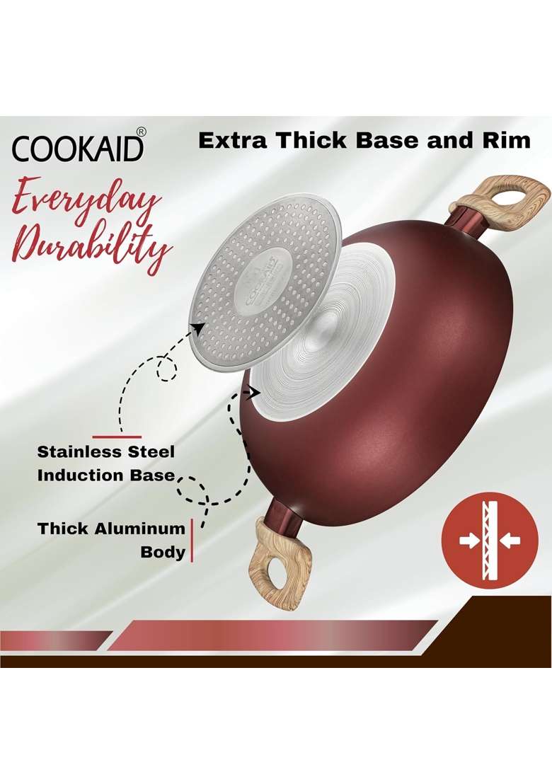 Cookaid Kadhai with Glass Lid | 2.5 L | 2.6 Qt | 24 cm | 9.4 Inch | 2-Piece Set | Induction Compatible | Non-Stick - Indya