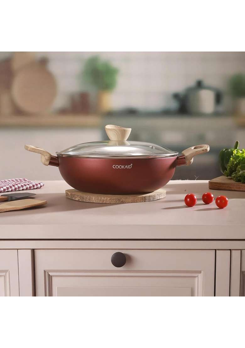 Cookaid Kadhai with Glass Lid | 2.5 L | 2.6 Qt | 24 cm | 9.4 Inch | Induction Compatible - Indya