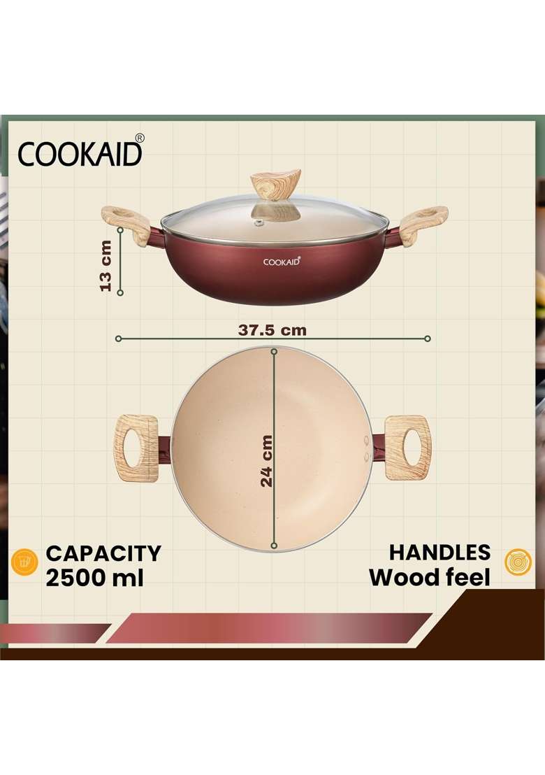 Cookaid Kadhai with Glass Lid | 2.5 L | 2.6 Qt | 24 cm | 9.4 Inch | Induction Compatible - Indya