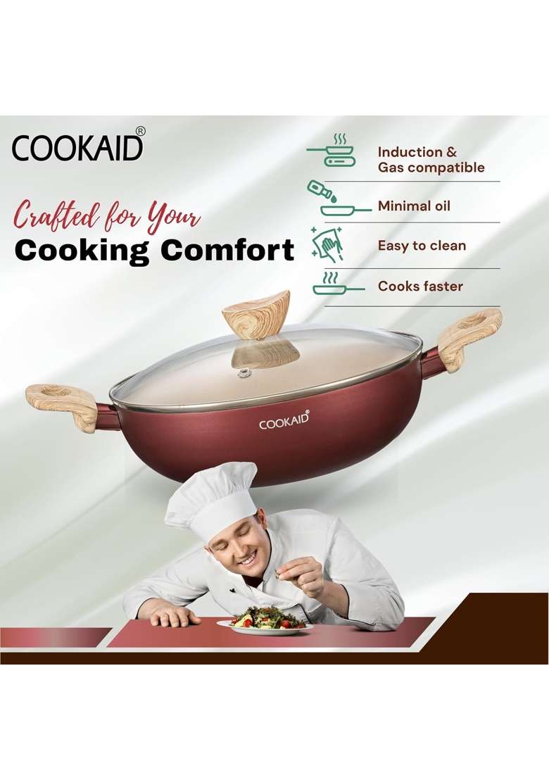 Cookaid Kadhai with Glass Lid | 2.5 L | 2.6 Qt | 24 cm | 9.4 Inch | Induction Compatible - Indya
