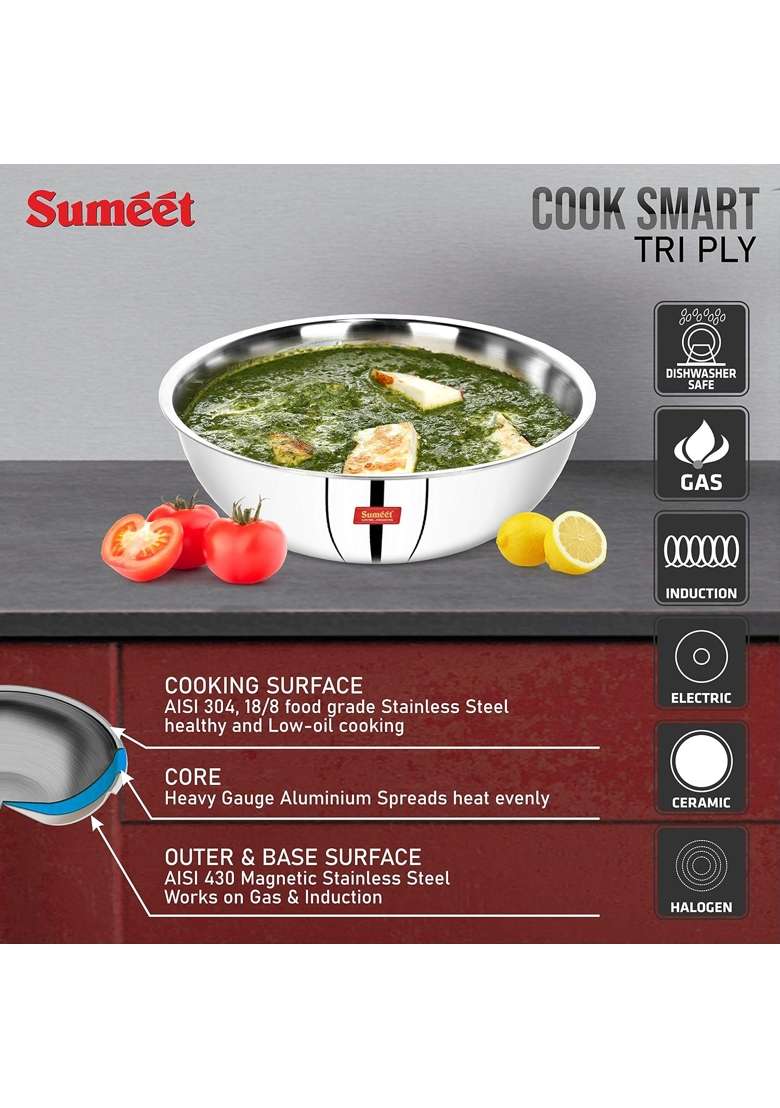 Sumeet Cook Smart TriPly Steel-Aluminium-Steel | 2 L | 2.1 Qt | 22 cm | 8.7 Inch - Indya