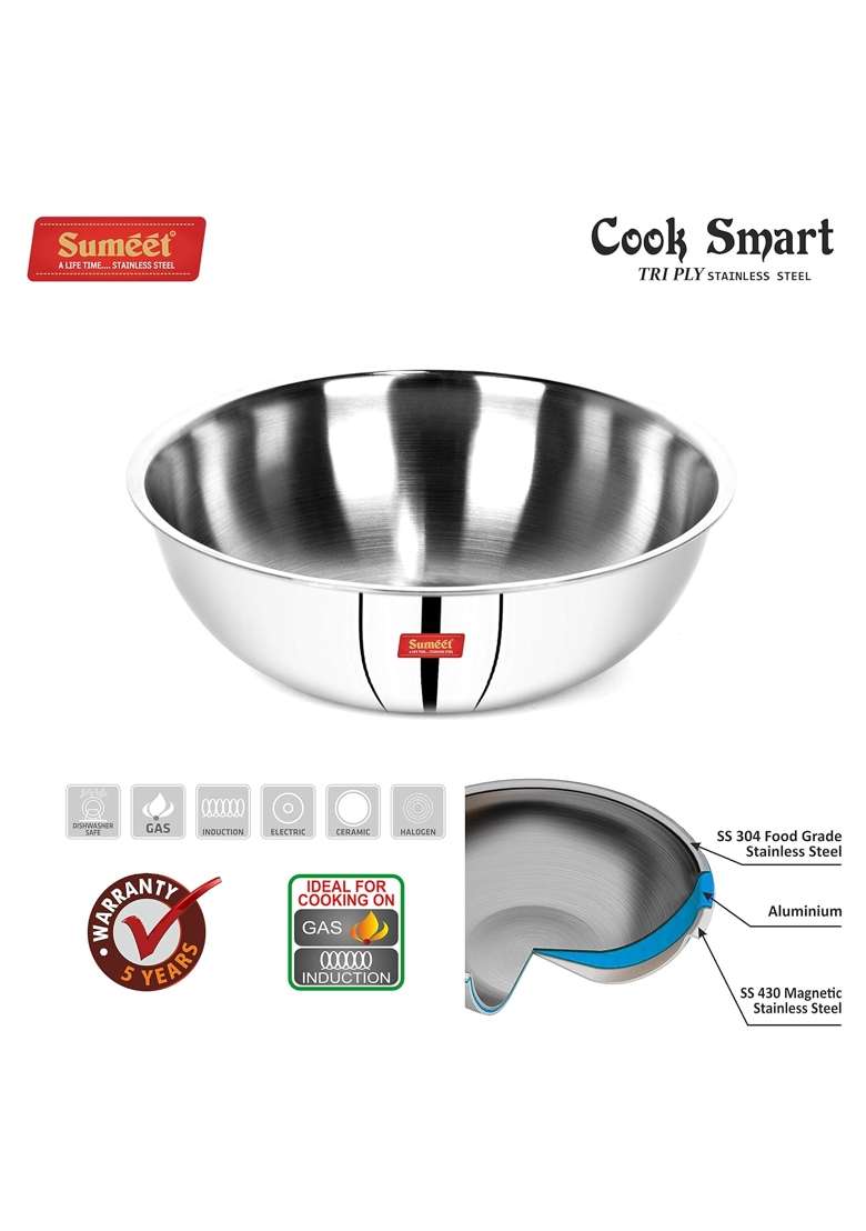 Sumeet Cook Smart Tri Ply Steel-Aluminium- 3 Layers Polished Tasra Deep Pan | 2.5 L | 2.6 Qt | 24 cm | 9.4 Inch - Indya