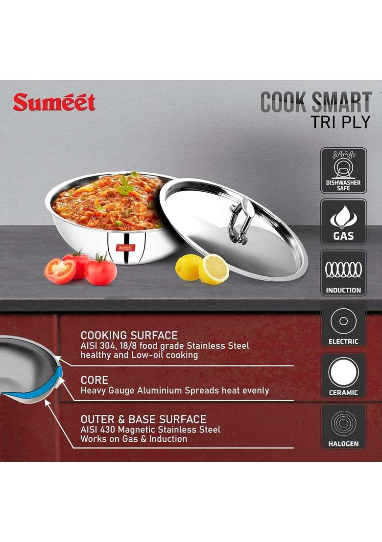 Sumeet Cook Smart Triply Steel-Aluminium-Steel | 2.5 L | 2.6 Qt | With Lid - Indya
