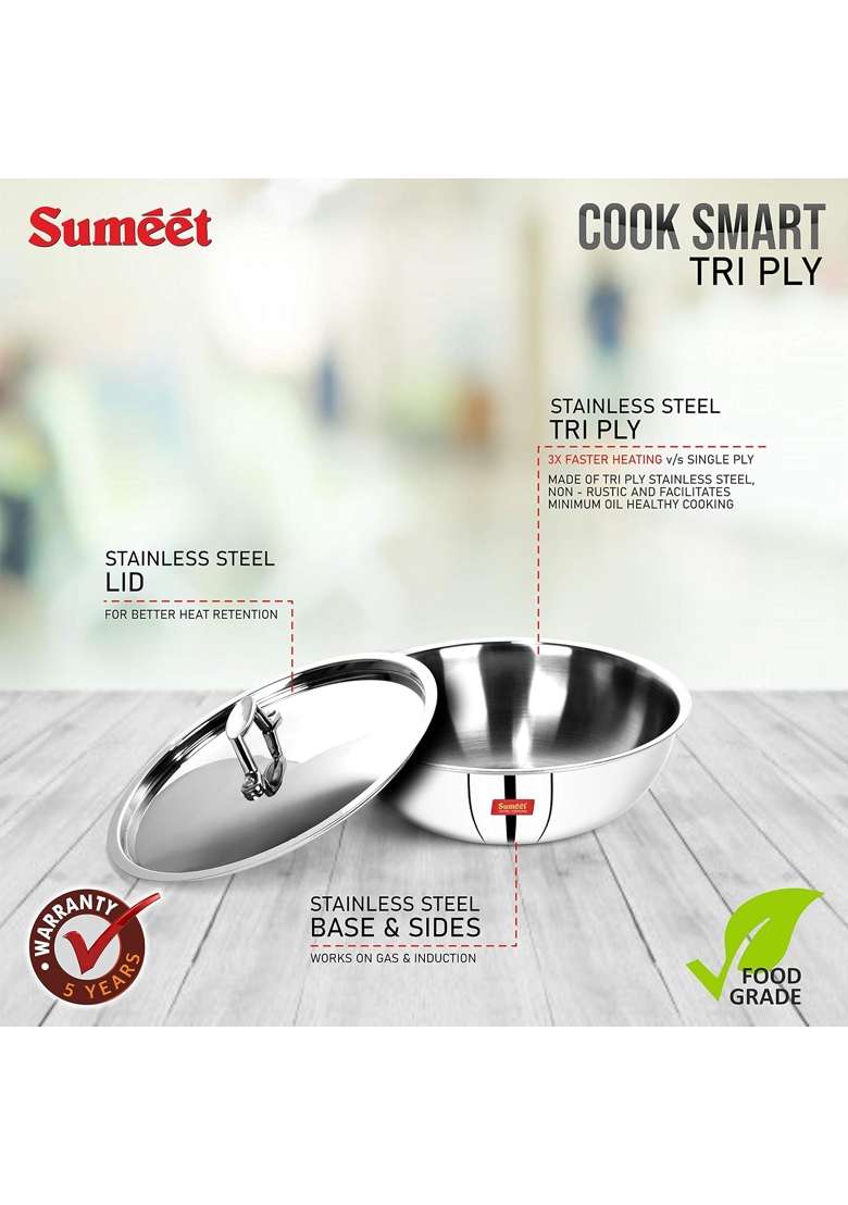 Sumeet Cook Smart Tri Ply Steel-Aluminium- 3 Layers Tasra Deep Pan with Lid | 4 L | 4.2 Qt | 28 cm | 11 Inch - Indya