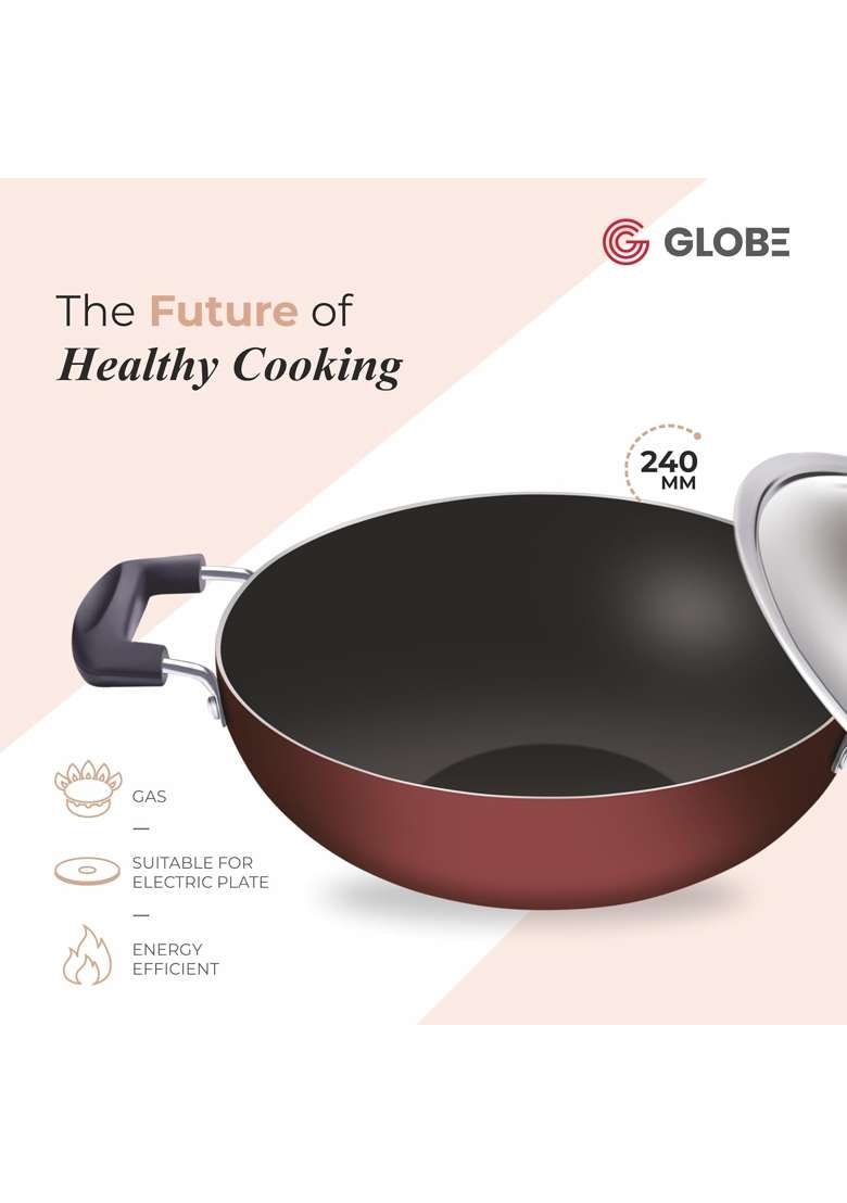 GLOBE Classic Aluminium Kadhai Wok with Steel Lid | 1.5 L | 1.6 Qt | 24 cm | 9.4 Inch | Non-Stick - Indya