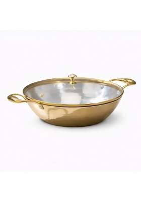 P-TAL Brass Kadhai Wok Flat Base with Insulated Heat-Resistant Handle and Glass Lid | 3 L | 3.2 Qt | Non-Toxic | Tin Lined Kalai