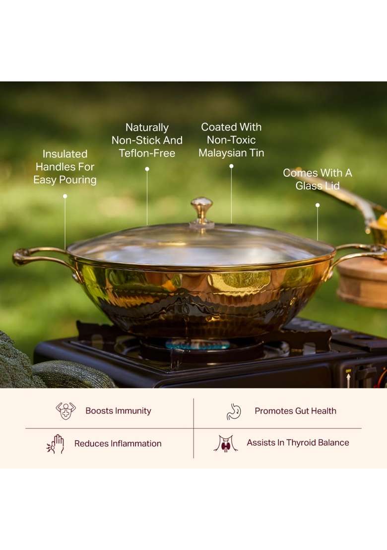 P-TAL Brass Kadhai Wok Flat Base with Insulated Heat-Resistant Handle and Glass Lid | 3 L | 3.2 Qt | Non-Toxic | Tin Lined Kalai - Indya