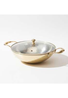 P-TAL Brass Kadhai Wok with Insulated Heat-Resistant Handle and Glass Lid | 3 L | 3.2 Qt | Non-Toxic | Tin Lined Kalai | Non-Stick