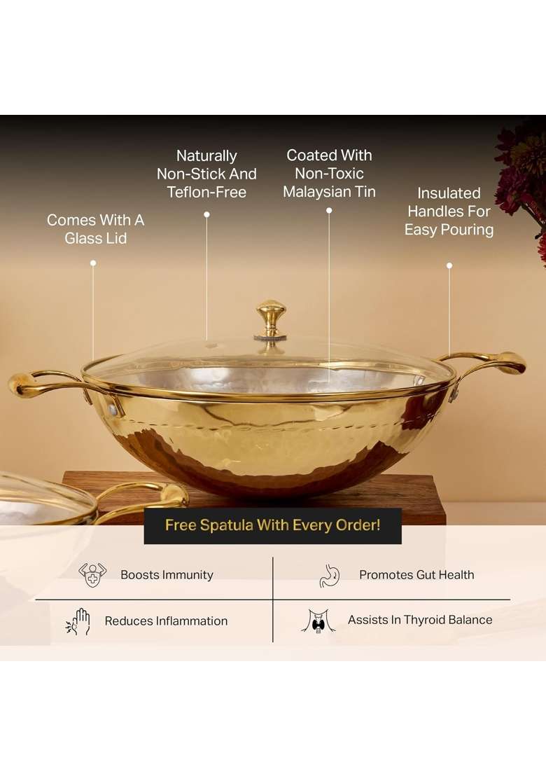 P-TAL Brass Kadhai Wok with Insulated Heat-Resistant Handle and Glass Lid | 3 L | 3.2 Qt | Non-Toxic | Tin Lined Kalai | Non-Stick - Indya