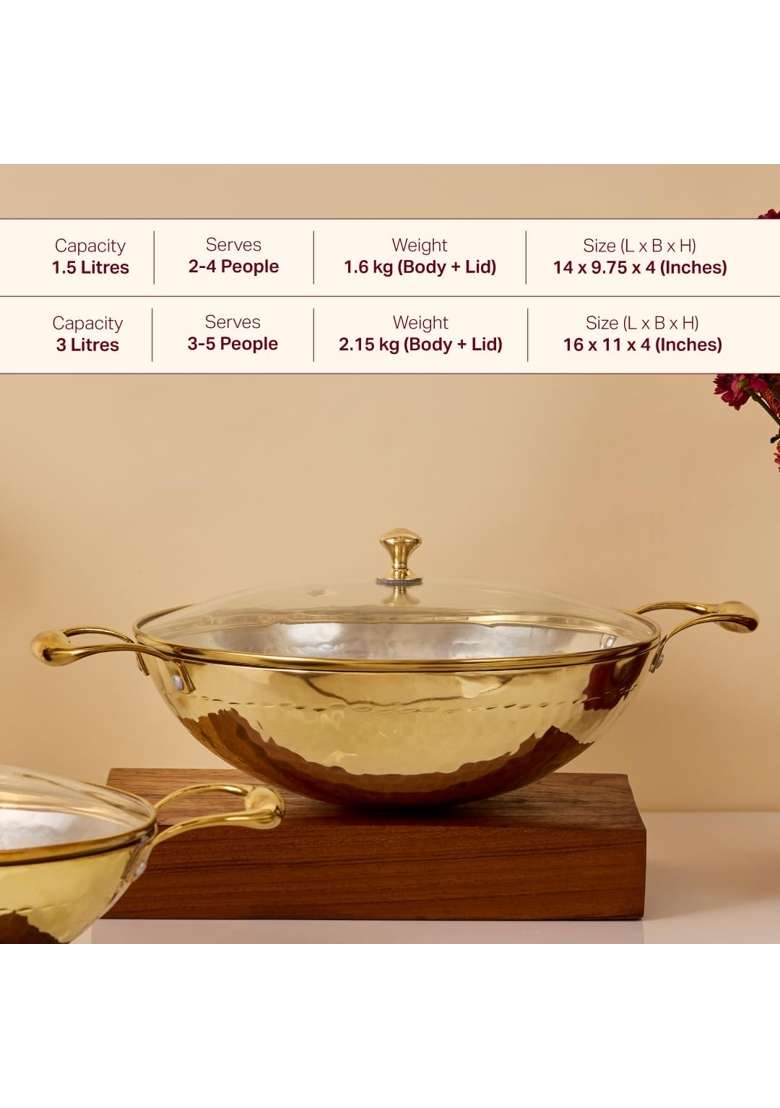 P-TAL Brass Kadhai Wok with Insulated Heat-Resistant Handle and Glass Lid | 3 L | 3.2 Qt | Non-Toxic | Tin Lined Kalai | Non-Stick - Indya